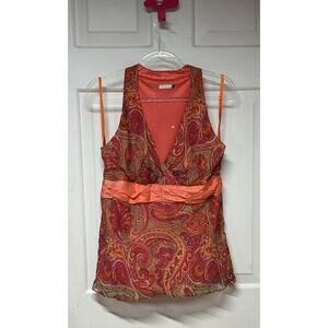 VTG Y2K Page Paisley Top V-neck Plunge Pink Orange Boho Festival Blouse READ SZ